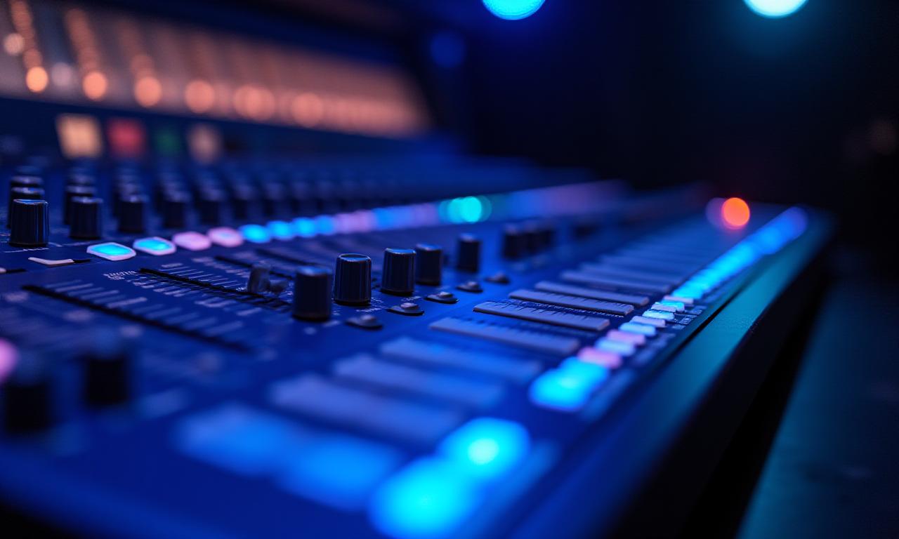 Close up of high-end audio mixing console with glowing lights